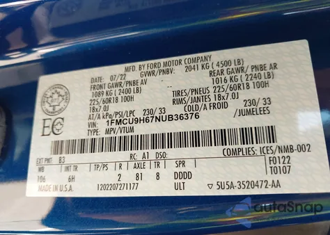 2022 Ford Escape Sel z USA, uszkodzony, nr VIN 1FMCU9H67NUB36376